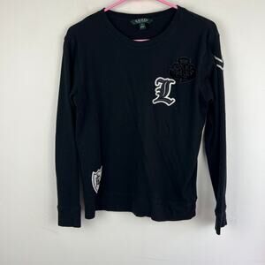 Lauren Ralph Lauren Varsity Embellished Logo Black Pullover Crewneck Sweater